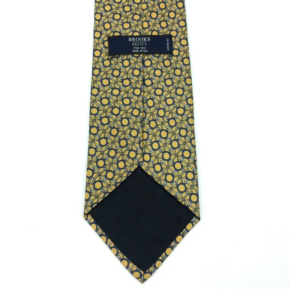 Brooks Basics Pure Silk Yellow Tie Silver Bridle Bits Blue Circles Men's Necktie